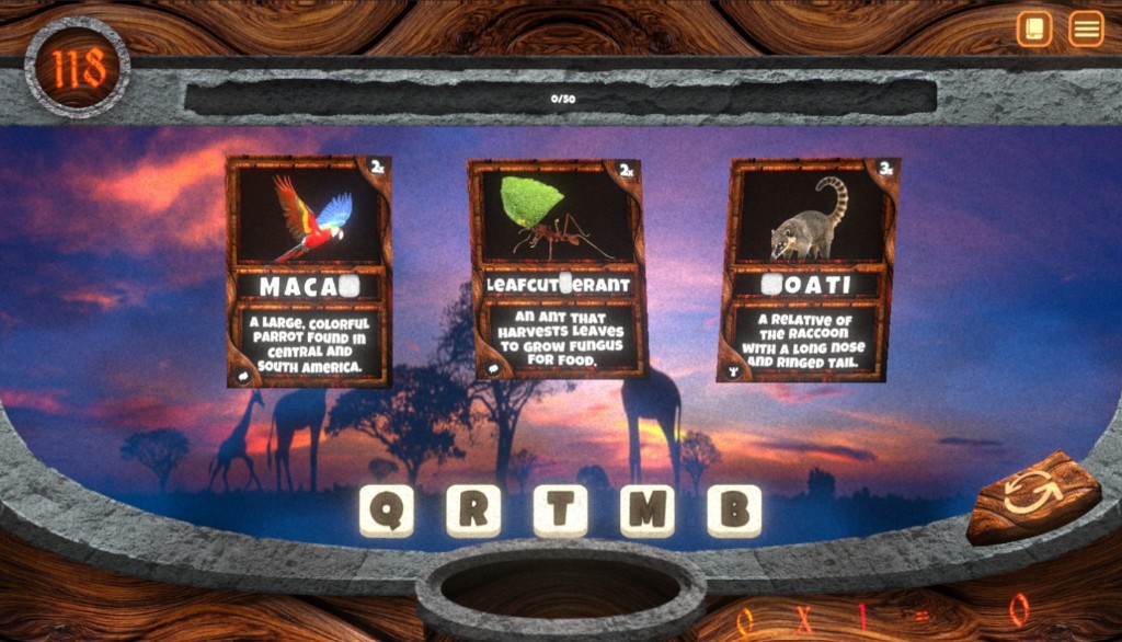 Word completion gameplay with animal cards